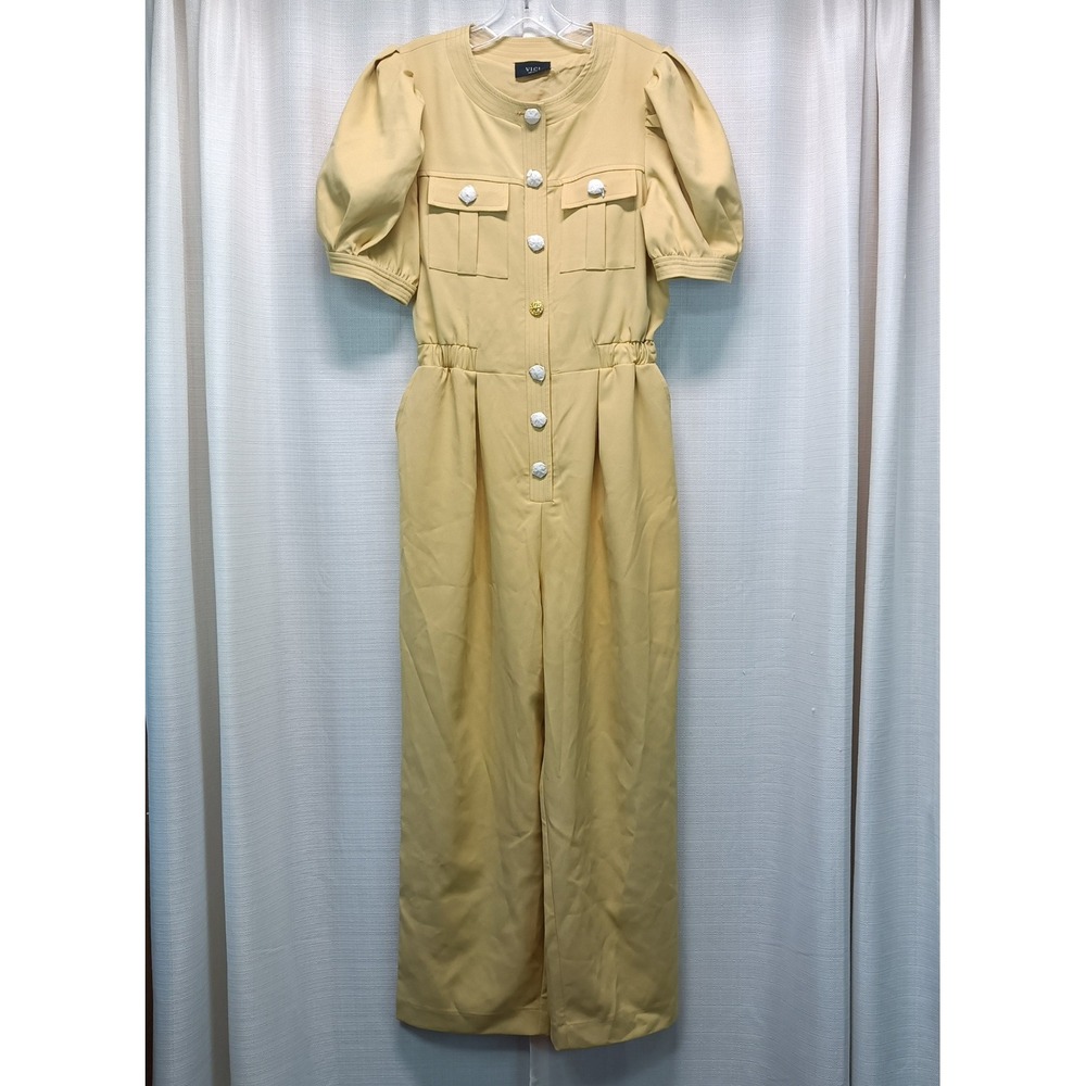 VICI Women Yellow Puff Sleeve Button Front‎ Wide Leg Utility Jumpsuit Small NWOT